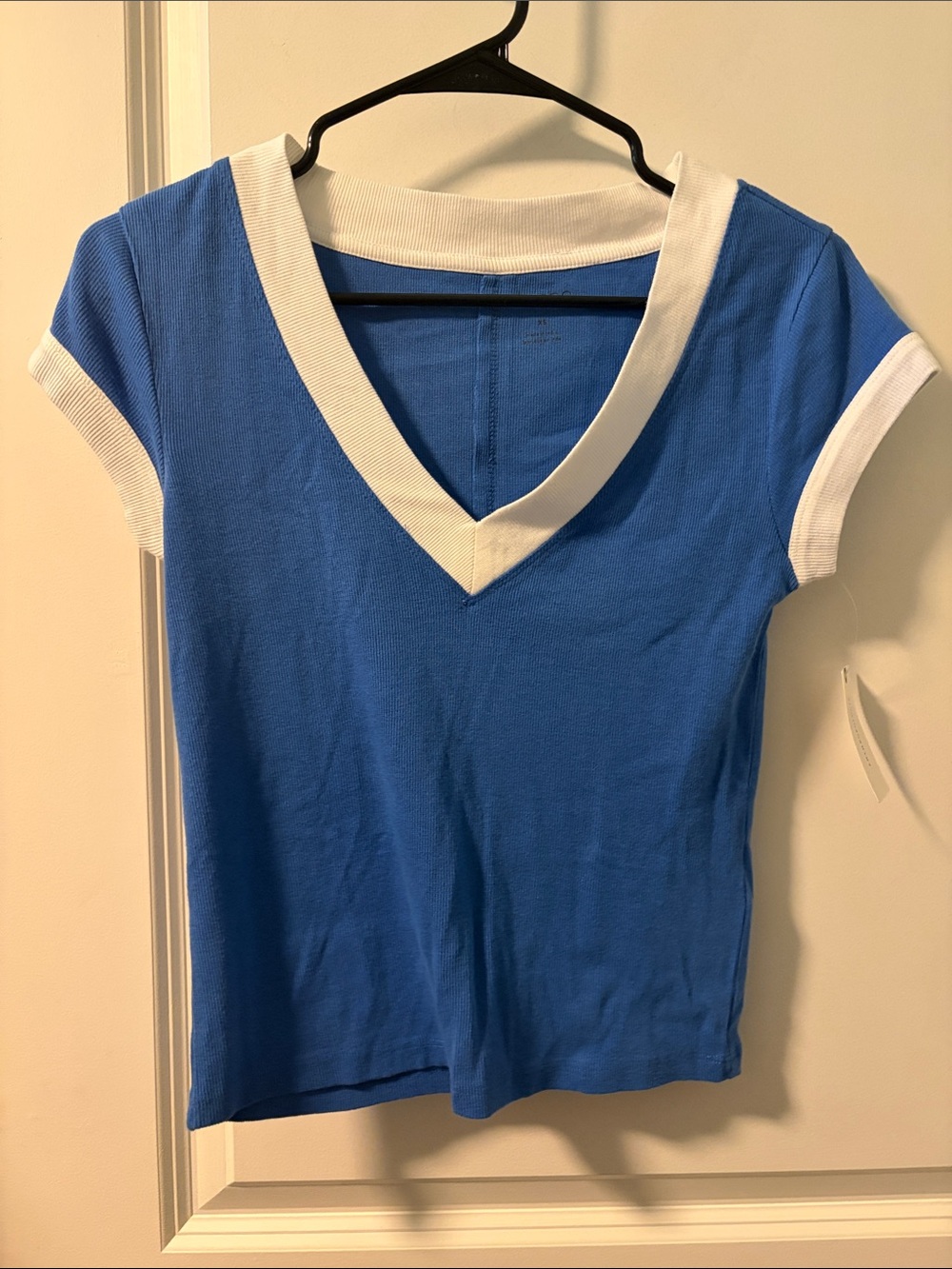 Pilcro V-Neck Short Sleeve Tee in Bright Blue with White Trim